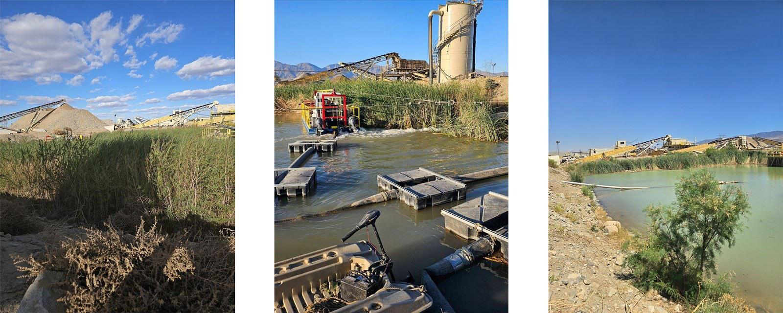 Before, during, and after photos of a mining pond dredging project showing sediment removal and restored water depth